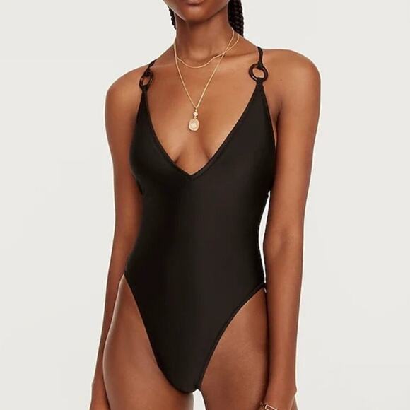 J. Crew O-Ring V-Neck One Piece Swimsuit in Black Sz 24 NEW - Picture 1 of 9